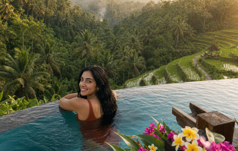 Ava relaxing in infinity pool overlooking Bali rice terraces during golden hour”