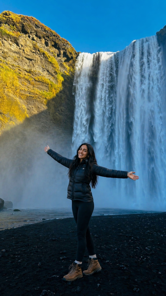 Ava exploring Skógafoss waterfall on her solo journey through Iceland